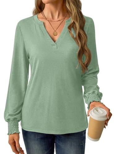 GKBK Womens Long Sleeve Shirts Fall Tops V Neck Business Dressy Casual Blouses with Smocked Cuffs Green - Thumbnail 3