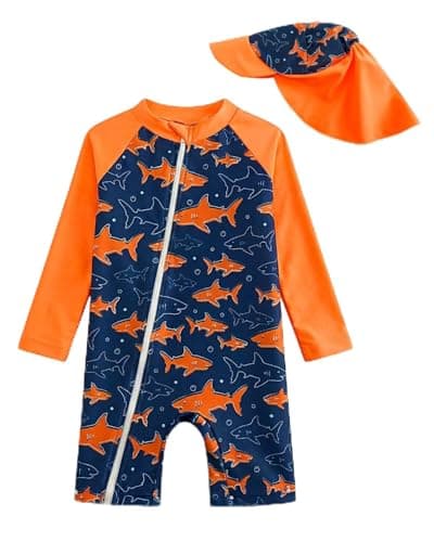 JiAmy Toddler Baby Boy Swimsuit with Sun Hat Long Sleeve Zipper Rash Guard Sun Protection Beach One Piece Bathing Suit Orange Whale 6-9 Months - Image 1