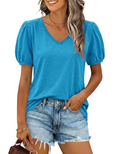 Cicy Bell Womens Puff Short Sleeve T-Shirts V Neck Summer Casual Pleated Tops Loose Fit Curved Hem Tees Blue - Image 1