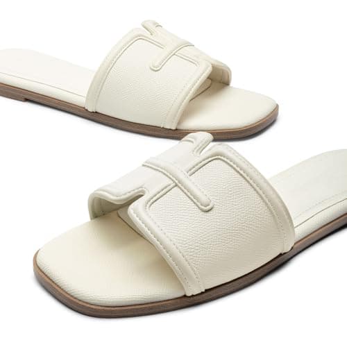 Athlefit Flat Sandals for Women Dressy Square Open Toe Comfortable Slip On Summer Beach Casual Slide Sandals Ivory Size 5.5 - Thumbnail 6