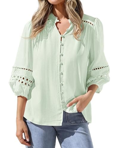 BTFBM 3/4 Length Sleeve Womens Tops Summer Blouses Eyelet Hollow Out Button Down Shirts Business Casual Outfits 2026(Bean Green, XX-Large) - Image 1