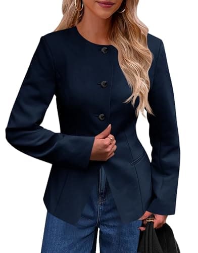 Cicy Bell Womens Business Casual Fitted Blazers Collarless Split Hem Work Office Button Down Suit Jackets Navy - Image 1