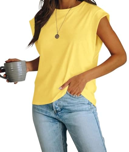Women's Cap Sleeve Tank Top Crew Neck T Shirts Loose Fit Basic Summer Casual Tee Tops Yellow - Image 1