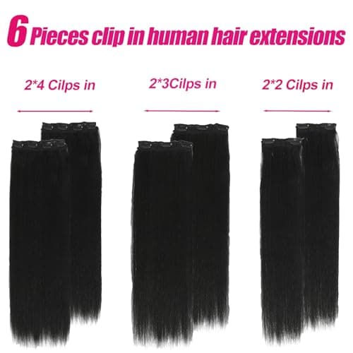 Yaki Straight Clip in Hair Extensions Real Human Hair 20Inch 120g 6Pcs Seamless Human Hair Clip in Extensions for Women Clip ins Hair Extensions Double Weft (Black, 20 Inch) - Thumbnail 2