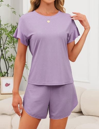 JUSTFASHIONNOW Women's Pajama Set Ruffle Sleeves Top and Short Soft 2 Piece Loungewear Set Purple - Thumbnail 4
