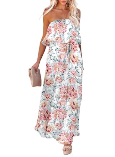 Dokotoo Strapless Boho Maxi Dress for Women High Waist Side Split Flowy Sexy Dresses Off The Shoulder Casual Beach Vacation Dresses X-Large - Image 1