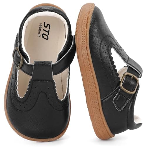 STQ Wide Toe Box Toddler Mary Jane Dress Shoes Zero Drop Girls Ballet Flats for Party School Uniform Shoe with Hook and Loops Black Infant 3 - Image 1