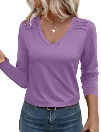 JUSTFASHIONNOW Pleated Long Sleeve Shirts for Women V Neck Dressy Casual Business Blouses Fall Tops 2025 Trendy(Purple,Large) - Image 1