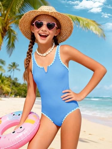 AMAWMW Girls Swimsuit One Piece Swimsuits Contrast Color V-Neck Bathing Suit Adjustable Straps Kids Swimwear Sky Blue 7-8Y - Thumbnail 2