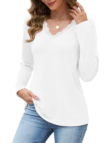JUSTFASHIONNOW Long Sleeve Shirts for Women Lace V Neck Tunic Tops Dressy Business Casual Blouses Trendy Loose Fit Cute Winter Clothes (White,Medium) - Thumbnail 4