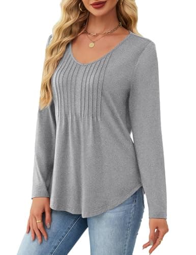 JUSTFASHIONNOW Shirts for Women Trendy Long Sleeve Tops Dressy Blouses Pleated Maternity V Neck Shirt Tunics Early Fall Fashion Winter Clothes (Gray, Large) - Thumbnail 2