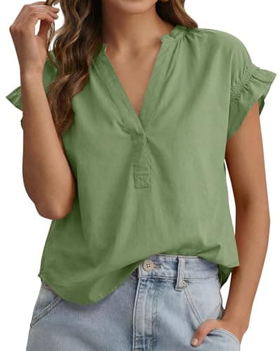 Tankaneo Womens Ruffle Cap Sleeve Tops Summer V Neck Cotton Blouse Dressy Casual Loose Fit Curved Hem T Shirts Army Green - Image 1