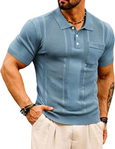 GRACE KARIN Men's Knit Polo Shirt Casual Lapel Collar Button Up Business Golf Polo Tee Shirts for Dinner Grey Blue XXL - Image 1