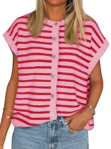 Cicy Bell Womens Striped Cap Sleeve Sweater Vest Crew Neck Button Down Cardigan Cute Knit Tops Red - Image 1