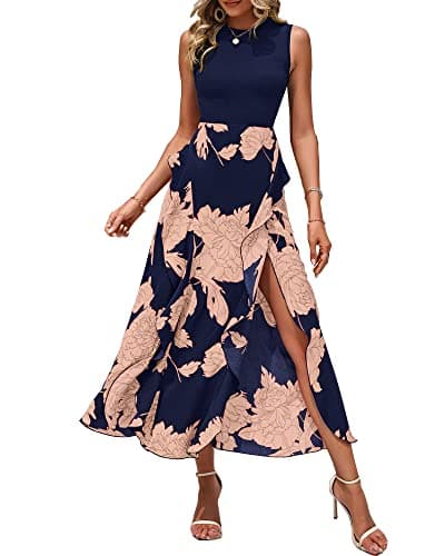 BTFBM Women Casual Sleeveless Summer Dresses 2025 Spring Crewneck Patchwork Boho Floral Ruffle Cocktail Party Midi Dress(Pink Floral Navy, X-Large) - Image 1