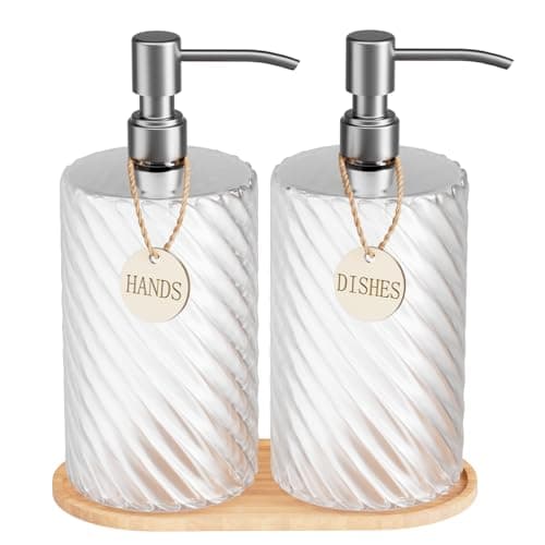 18Oz Spiral Stripe Soap Dispenser Set - Silver Stainless Steel Pump with Wood Tray, Refillable for Kitchen Sink & Bathroom Vanity, Dish Liquid & Hand Soap Storage Solution - Image 1