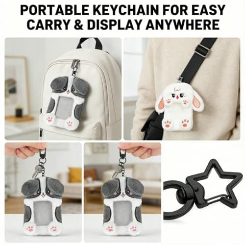 DegoCyhton Photocard Holder, Kpop Photo Card Keychain, 2 Pack 3 Inch, Clear PVC Window, Anti-Shed Plush Design, 360° Rotating Hook, for Teen Girls Student Campus Backpack Pendant & Card Protection - Thumbnail 4