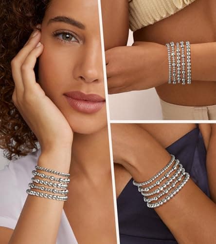 adoyi Silver Bracelets for Women Beaded Bracelet 14K Gold Plated Bracelet Stack Strand Stretch Bead Ball Bracelet Set Stackable Bracelet Adjustable Bracelet Set Jewelry for Women 7.25 inches - Thumbnail 4