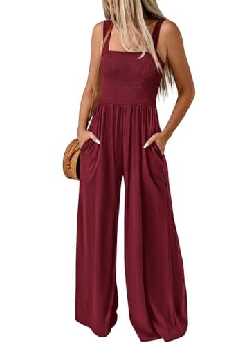KIRUNDO Womens Jumpsuit 2026 Summer Casual Loose One Piece Overalls Smocked Sleeveless Wide Leg Rompers With Pockets(Deep Red, Large) - Image 1