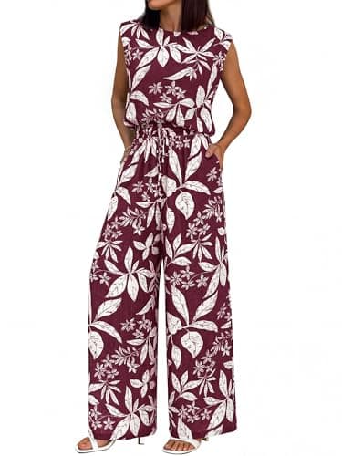 BTFBM Lounge Sets For Women Summer Sweatsuits 2 Piece Tracksuit Sleeveless Tops Wide Leg Pants Floral Vacation Outfits(Floral Wine Red,Small) - Image 1