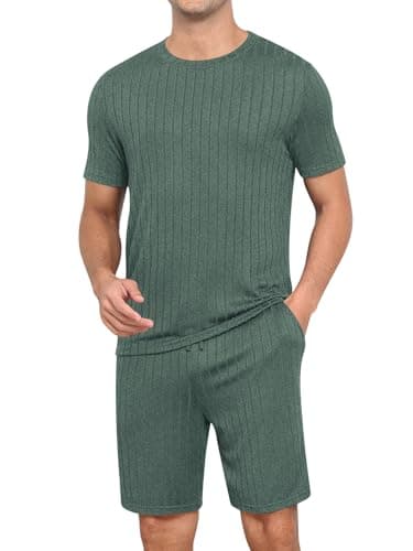 RQP Men's Pajama Set Summer Lightweight Ribbed Lounge Wear Breathable 2 Piece SleepShorts & Tee,Stretch Home Outfits for Men,Light Green - Image 1