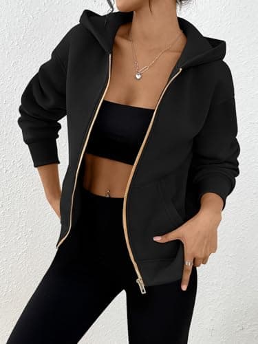 Trendy Queen Womens Zip Up Hoodies Fall Fashion Sweatshirt 2026 Clothes Y2K Cropped Jackets Cute Winter Outfits Black L - Thumbnail 3