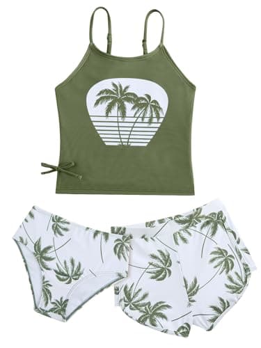 JiAmy Girls Swimsuits Hawaiian Bathing Suit 3 Piece Tankini Set Swimwear Shorts Green Size 15-16 - Image 1