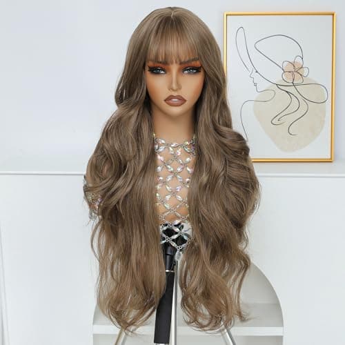 Barbique Long Wavy Wig with Bangs for Women, Synthetic Wig, Heat Resistant Fiber Natural Looking Hair for Daily Party Cosplay Use, Light Brown Glueless Wig Ready to Wear Beginner Friendly - Image 1