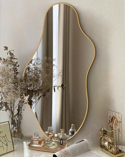 CQHVKQ Irregular Wall Mirror 20"X 36" Asymmetrical Gold Bathroom Mirror Abstract Decorative Wall Hanging Mirror for Bedroom, Living Room, Bathroom, Entryway, Hallway - Thumbnail 2