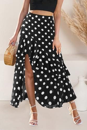 BTFBM Women 2026 Spring Summer Long Skirts Dress Boho Floral Elastic Waist Split Ruffle High Low Beach Maxi Skirt Clothes(Polka Dot Black, X-Large) - Thumbnail 2