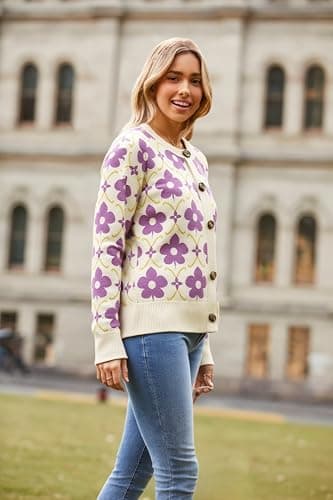 Saodimallsu Womens Flower Pattern Cardigan Lavender Sweaters Soft Long Sleeve Cardigans Vintage Button Knit Outwear 2025 - Thumbnail 5