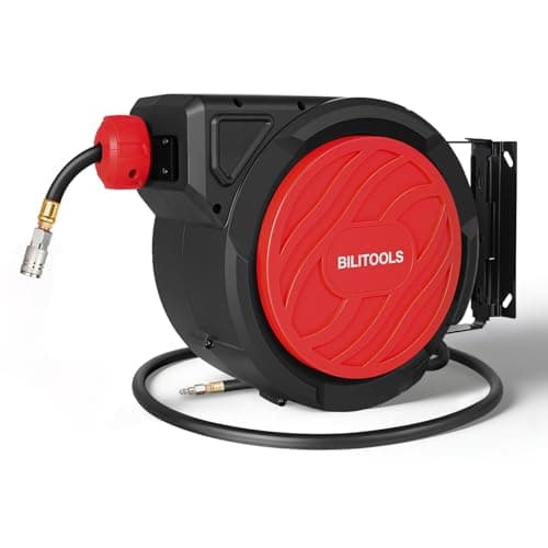 BILITOOLS Retractable Air Hose Reel, 3/8" x 50 ft Hybrid Air Hose Max 300PSI, Enclosed Air Compressor Hose Reel with Smooth Auto Rewind & 5 ft Lead-In Hose, 180° Swivel Wall/Ceiling Mount - Image 1