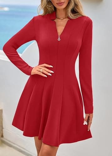 Lazysmile Fall Dresses for Women 2025 Long Sleeve V Neck Half Zip A Line Swing Casual Party Club Mini Short Dress Wine Red - Thumbnail 4