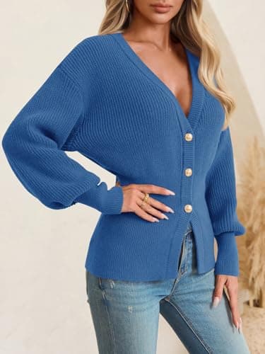 Saodimallsu Womens Cardigan Sweaters Open Front 2025 Chunky Button Down V Neck Sweater Winter Knit Ribbed Outwear Navy - Thumbnail 3