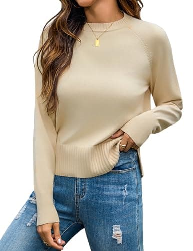 Totatuit Women's Long Sleeve Cropped Sweaters Casual Lightweight Ribbed Knit Pullover Jumper with Side Split Crew Neck Fall Outfits Winter Fashion Clothes 2025 Apricot Large - Image 1