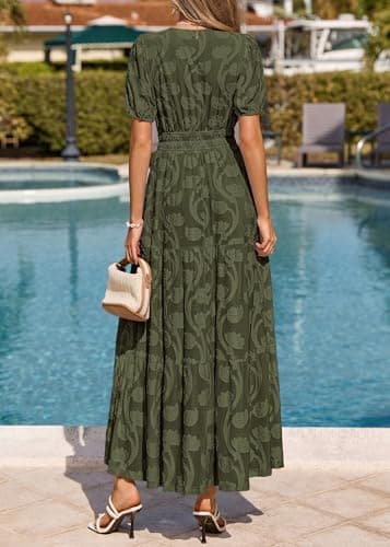 KIRUNDO Womens Boho Maxi Dress Summer Short Sleeve V Neck Floral Flowy A Line Formal Wedding Guest Baby Shower Long Dresses(Army Green, Large) - Thumbnail 5