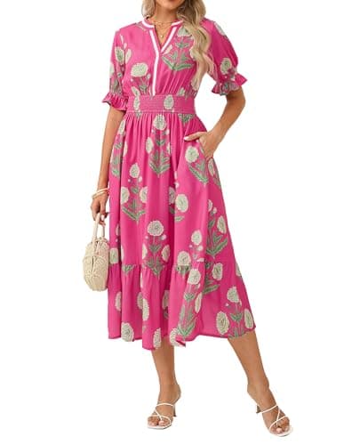 GRACE KARIN Womens Summer Floral Maxi Dress 2026 Casual Ruffle Short Sleeve Boho Dress A Line Flowy Dresses with Pockets Pink Yellow Flower S - Image 1