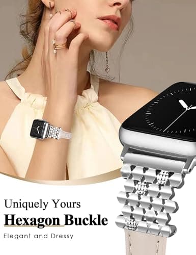 Wearlizer Leather Band Compatible with Apple Watch Bands Women 42/44/45/46/49mm, Dressy Fancy Interlocking Hexagon Buckle Strap for iWatch Series 11 10 9 8 7 6 5 4 3 SE/Ultra 3 2 1-Starlight/Silver - Thumbnail 4