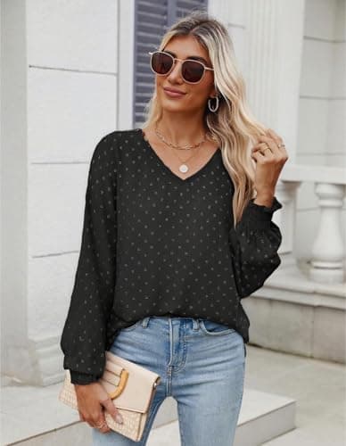 GAMISS Long Sleeve Top for Women Swiss Dot Shirt V Neck Knit Blouse Basic Shirt Black, XXL - Thumbnail 3