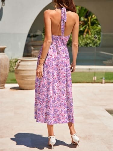 YIOYOLA Sundress for Women Casual Summer Party Beach Vacation Dress Teen Stretchy Halter Wedding Guest Cottage Core Midi Milkmaid Dresses(YYL641-Purple Red F 01,L) - Thumbnail 6