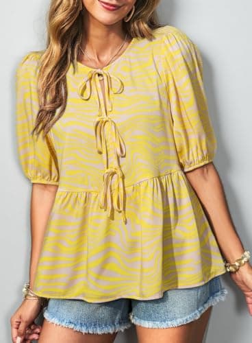Dokotoo Shirts for Women Casual Floral Print Crew Neck Ruffle Hem Half Sleeve Cute Summer Tops for Women 2026 Womens Peplum Blouses Fashion Tie Front Boho Vacation Spring Tops Deals Yellow Medium - Thumbnail 2