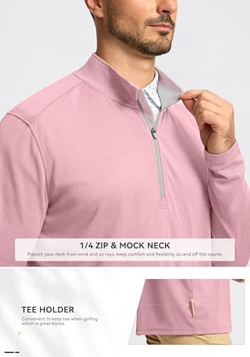 Obla Golf Quarter Zip Pullover for Men Mock Neck Sweatshirt Lightweight Sun Protection Men's Long Sleeve Golf Shirt (Pink Melange_S) - Thumbnail 4