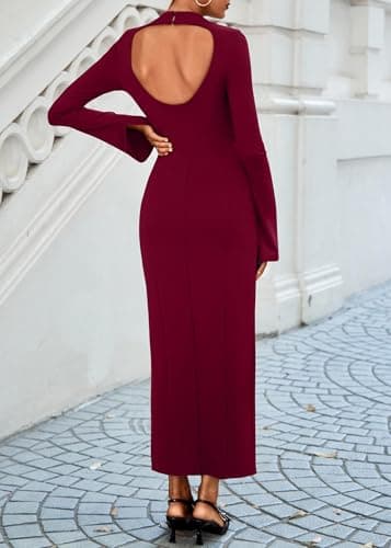 Lazysmile Fall Dresses for Women Long Sleeve Mock Neck Buckle Back Backless Bodycon Split Party Cocktail Wedding Guest Dress Wine Red - Thumbnail 2