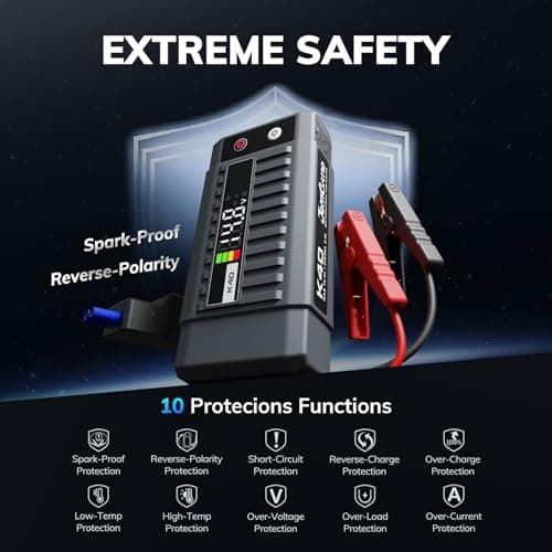 JOMGAND K40 Portable Jump Starter, 5000A 12V Car Battery Booster Pack for Upto 10.0L Gas or 9.0L Diesel Engines, Jump Box with Jumper Cable, USB/DC Charge, and 3 Mode Flashlight - Thumbnail 3