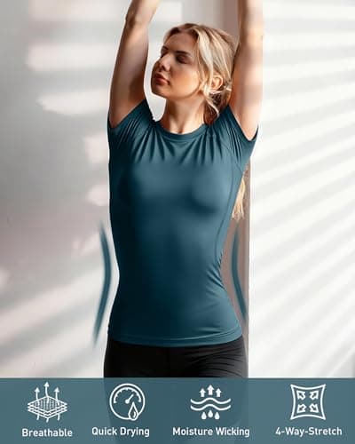 Roadbox Women's Compression Shirts, 1/3 Pack Short Sleeve Workout Tops Athletic Gym T-Shirt Yoga Running Quick Dry Base Layer Slate Blue - Thumbnail 4