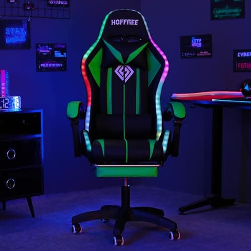 HOFFREE RGB Gaming Chair with Speakers Massage Computer Gaming Chair with LED Lights and Footrest High Back Video Game Chair for Adults Green and Black - Thumbnail 5