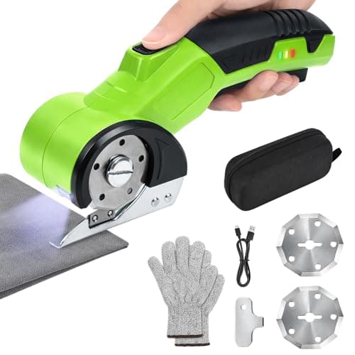 Qidejoy Cordless Cardboard Cutter Electric Scissors, Heavy Duty High-speed Rotary Box Cutter Tools for Fabric, Carpet, Paper, with 2 Blades & Gloves, 4.2V Rechargeable Battery, LED Light, Green - Image 1