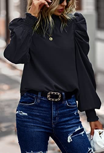 Angashion Womens Tops Casual Crewneck Long Lantern Sleeve Self Tie Blouses Solid Tunic Shirts 2026 Black Small - Thumbnail 2