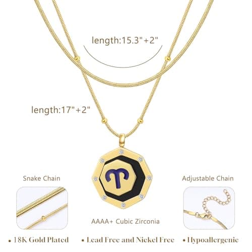 LETFLY Aries Zodiac Necklace for Women, 18K Gold Plated Octagon Shaped Pendant with Cubic Zirconia Adjustable Layered Snake Chain for Womens Jewelry Gifts - Thumbnail 4