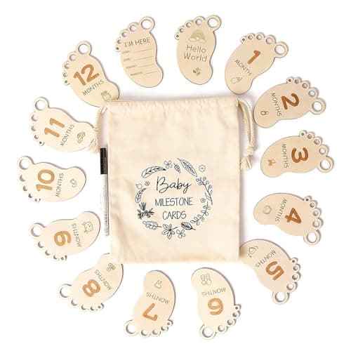 DegoCyhton Monthly Milestone Signs, Wooden baby monthly milestone Cards, Birth Announcement Sign for New Baby, Hello World Newborn Sign, 0-12 Months Newborn Photo Prop, with Drawstring Canvas Bag - Image 1